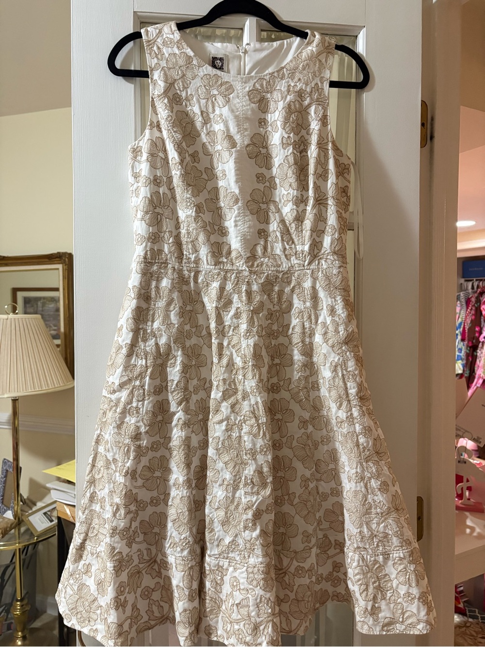Anne Klein Cream and Tan Floral Fit-and-Flare Dress